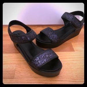 Black glitter wedge sandal